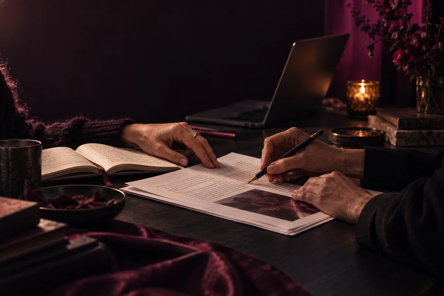 Imagen editorial ilustrativa de unas manos revisando notas y contenido en un espacio de trabajo