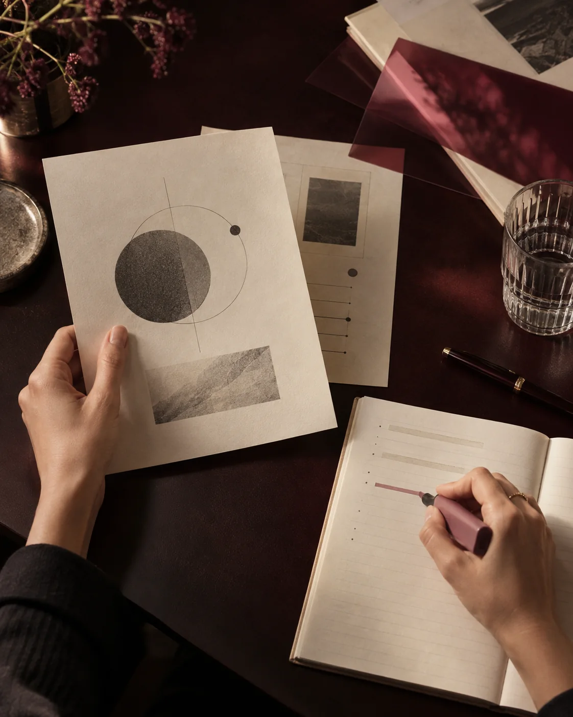 Imagen editorial ilustrativa de materiales y notas revisados sobre una mesa burdeos